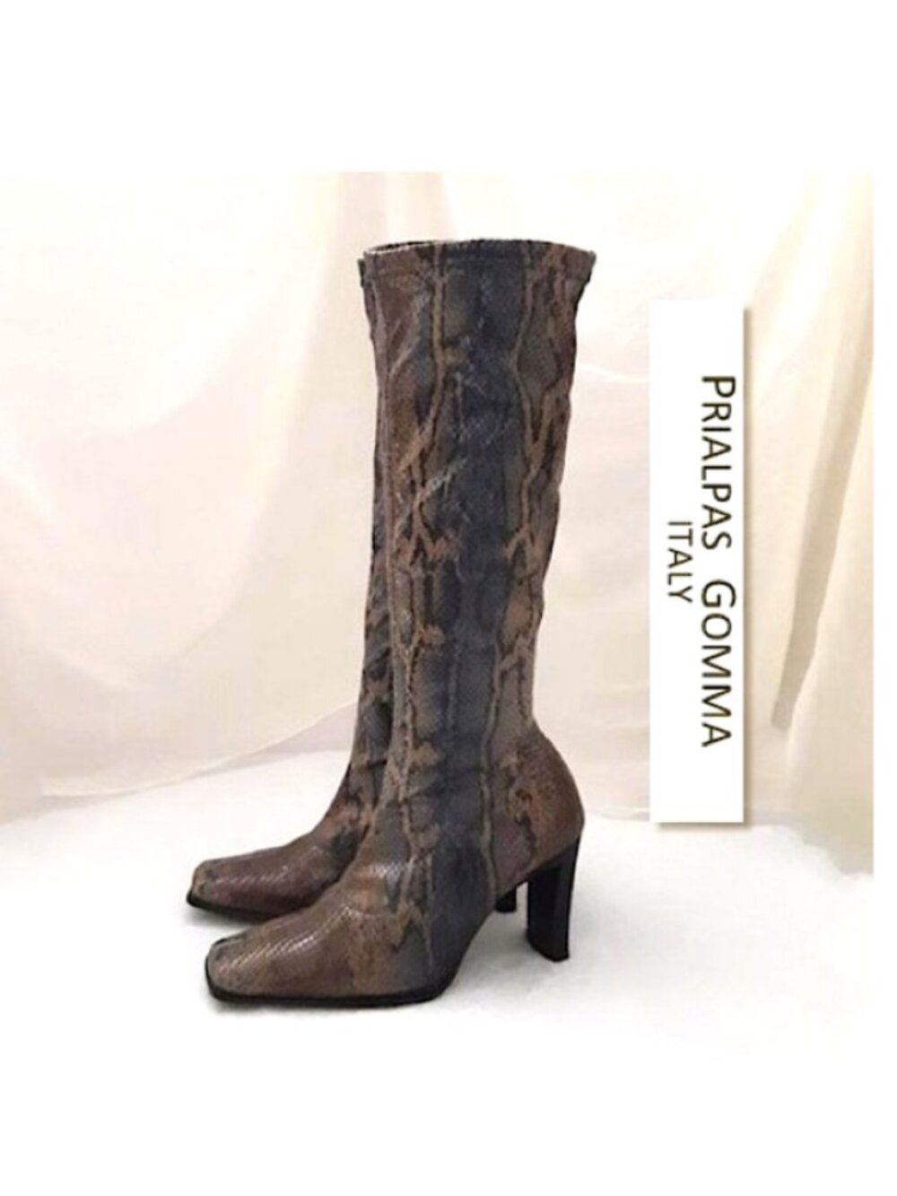 PRIALPAS GOMMA Stretchy Boots Brown Grey Snakeskin Leather Black Heeled Boots